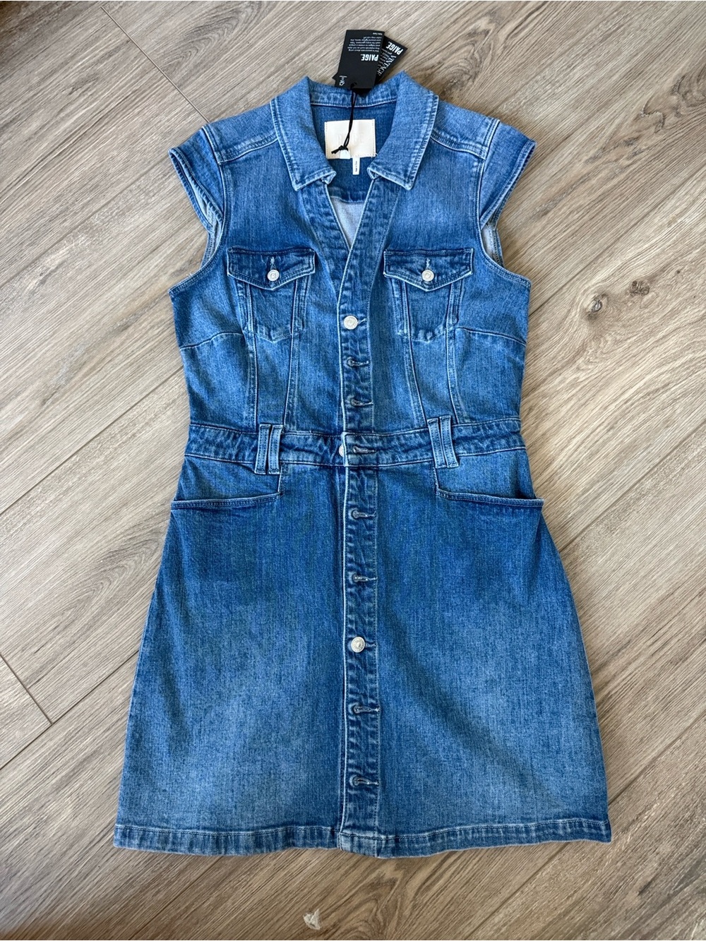 PAIGE Sleeveless Button-Front Denim Dress in Medium Blue